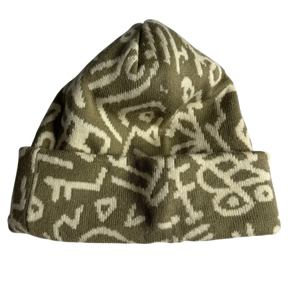 Autumn Soul Camo Knit Beanie Chinchilla Olive Green Abstract Print Hat One Size